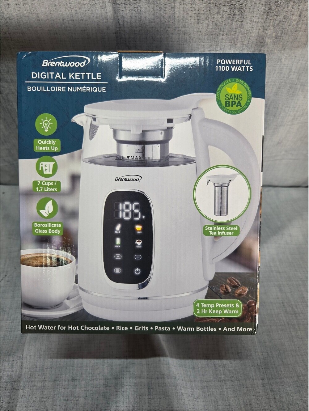Brentwood Digital Kettle 1100 Watts with Stainless Steel Tea Infuser and Borosil